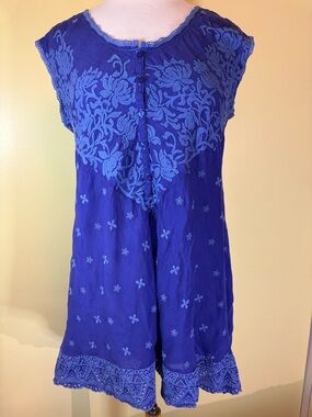 Johnny Was Royal Blue Embroidered Cotton Tunic. Cupra Rayon